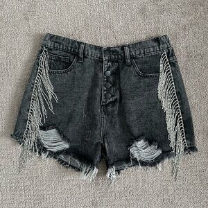Savanna Jane ✨ Black Denim Rhinestone Fringe Shorts